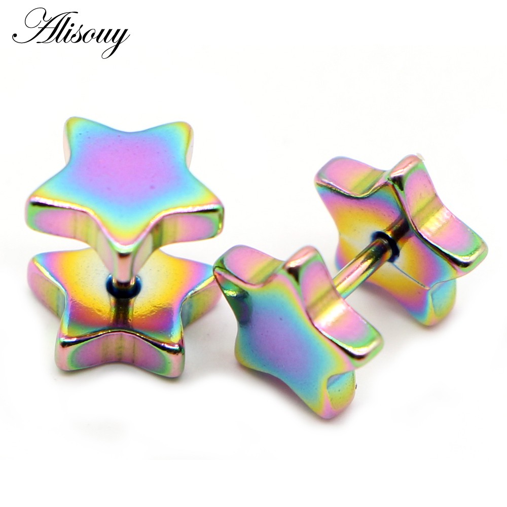 Alisouy 2 ชิ้น ใหม่ ทุกเพศ สเตนเลส บาร์เบล ต่างหูสตั๊ด คลาสสิก ห้าแฉก ดาว ต่างหูสกรู ด้านหลัง เจาะร่างกาย เครื่องประดับ