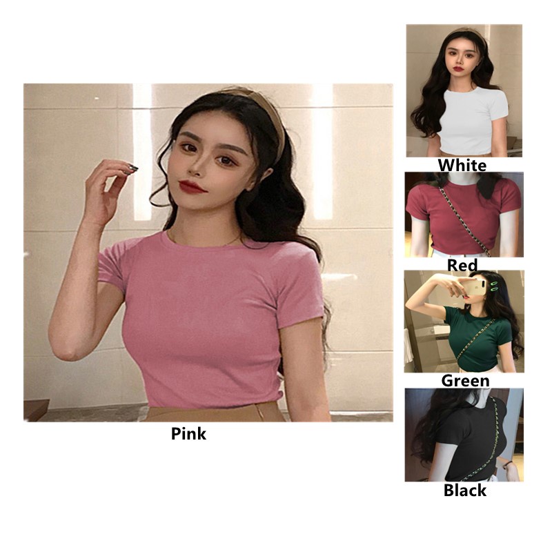 Dreamtale ผู้หญิงแฟชั่นสีทึบแขนสั้นเสื้อยืดกระชับรอบคอ Casual Tshirt Basic สวมใส่ผู้หญิง Top WCO024