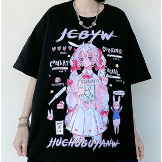 【ผ้าฝ้ายแท้】น่ารักการ์ตูนสาวหวานญี่ปุ่น Streetwear Ulzzang ย้อนยุคหลวมฤดูร้อนใหม่สุภาพสตรีเสื้อยืด