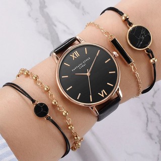 นาฬิกาข้อมือผู้หญิง เซ็ท5ชิ้น สไตล์เรียบหรู อักษรโรมัน