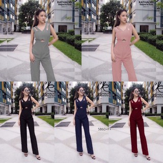 👗Pfashion [ส่งไว!!🚛] P5860 	จั้มสูทขายาวแขนกุด เว้าเอวสามเหลี่ยม