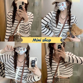 Mini shop🌸พร้อมส่ง🌸(12338)เสื้อไหมพรมแขนยาว คอวี ดีเทลสายรูดตรงกลางปรับความยาว