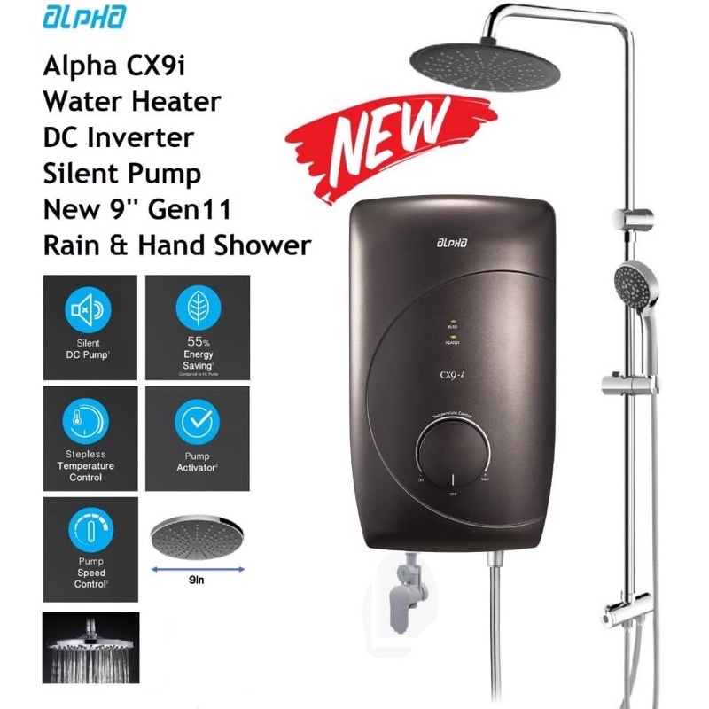 [ใหม่ 2020 อัพเกรด Gen 11 9 Rain Shower & Hand Shower] Alpha CX9 i เครื่องทําน้ําอุ่น DC ปั๊มพร้อมฝั