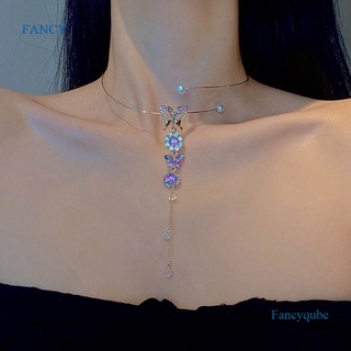 Fancy ใหม่ สร้อยคอโซ่ ประดับมุก ผีเสื้อ ดอกไม้ เพทาย สีม่วง เครื่องประดับแฟชั่น ของขวัญวันเกิด งานแต่งงาน