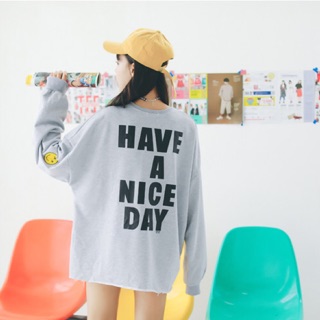 (ภาพจริง)เสื้อแฟชั่น คอกลม แขนยาว ลาย have a nice day สีเทา รหัสสินค้า MY5770 เทา