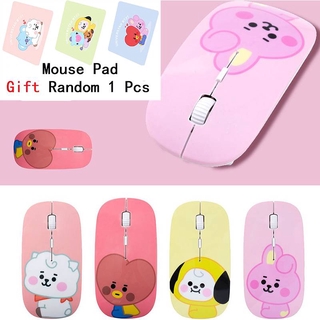 เม้าท์ไร้สายรุ่น NEW 2021 KPOP BTS BT21 Cute Cartoon Wireless Mouse Usb Optical Computer Mouse Portable Mini Laptop Mause Pink Rabbit Design Mice For Kids Macbook Silent wireless Mouse CHIMMY COOKY RJ TATA
