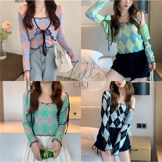 Cici(80028+80028-1)Set เสื้อคลุม+สายเดี่ยว ไหมพรมทอลายสีตัดกัน แต่ขอบหยักทั้งตัว