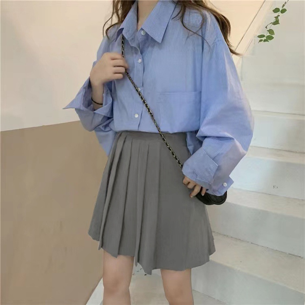 กระโปรงพลีท เอวสูง สีพื้น สไตล์เกาหลี สินค้าพร้อมส่งจากไทย Q01