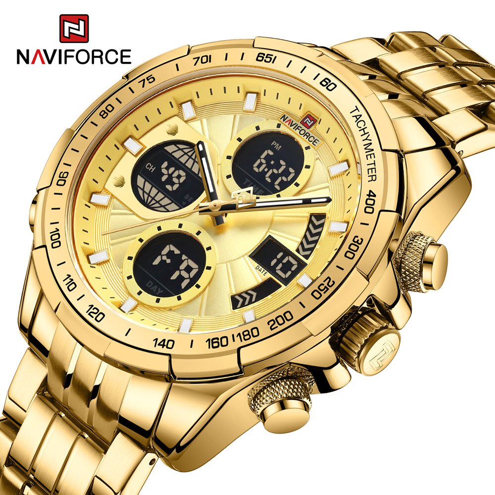 Naviforce นาฬิกาข้อมือดิจิทัล อะนาล็อก ควอตซ์ สายสแตนเลส กันน้ํา สีทอง หรูหรา สําหรับผู้ชาย