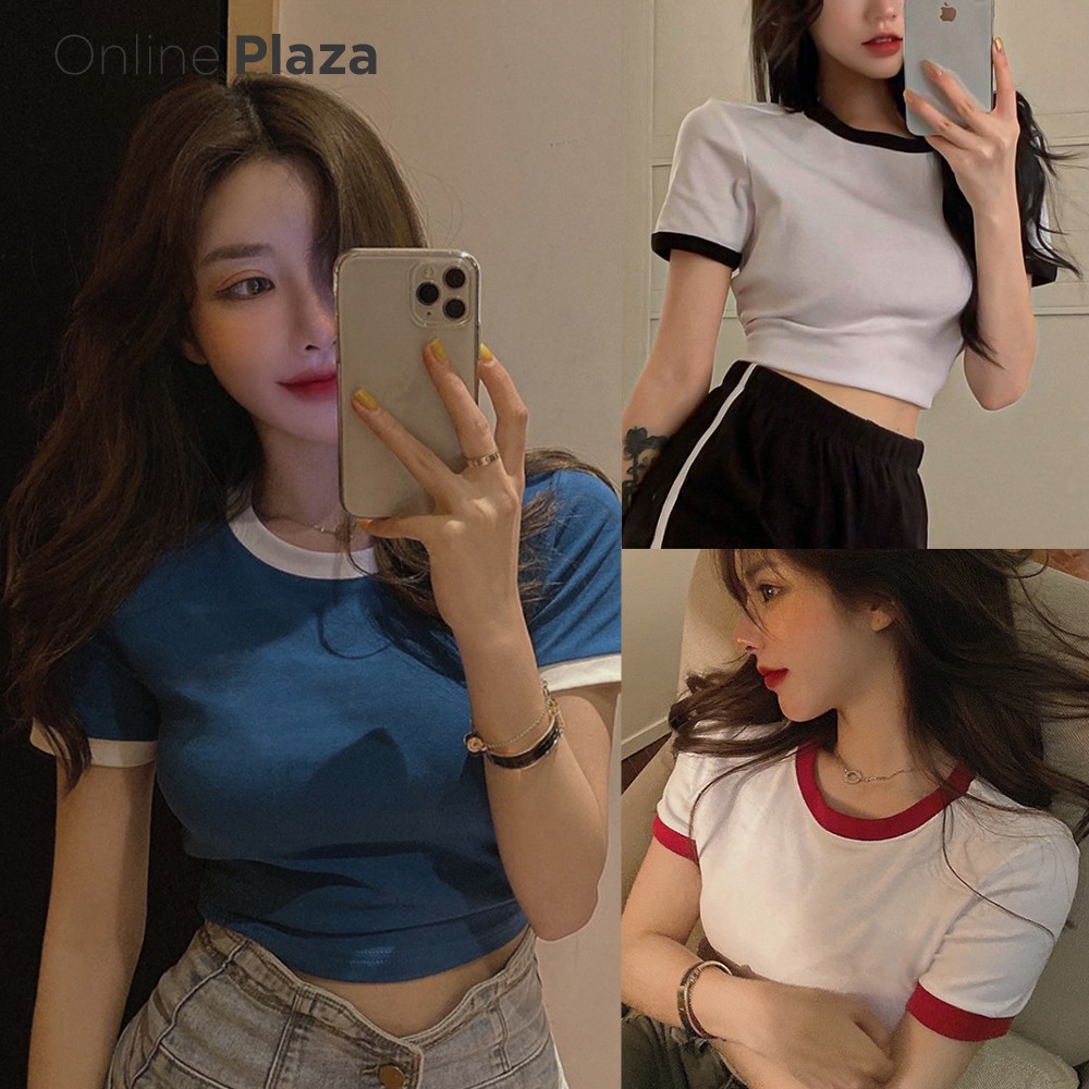 Molly เสื้อยืด คอกลม และเสื้อครอป สไตล์กึ่งสปอร์ต สีทูโทน