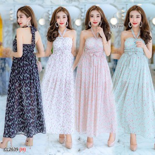 Maxi dress พิมพ์ลายดอกไม้สายคล้องคอสม๊อคหลัง