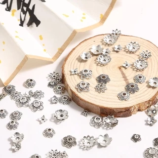 ปลอกปิดท้ายลายดอกไม้สีเงิน antique 50 ชิ้น สำหรับ DIY อุปกรณ์เครื่องประดับ