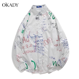 OKADY เสือผ้าผู้ชาย เสื้อเชิ้ตแขนยาวผู้ชายฤดูร้อนแฟชั่นพิมพ์ลายเสื้อลำลองหลวมสไตล์เกาหลี เสื้อผู้ชาย
