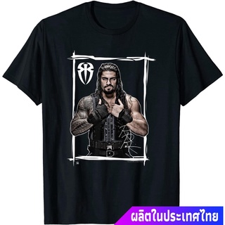 เสื้อยืดผ้าฝ้ายพิมพ์ลายแฟชั่น มวยปล้ำอาชีพ มวย มวยปล้ำลีก อเมริกา WWE Roman Reigns Black White T-Shirt คอกลม แฟชั่น  ผ้า