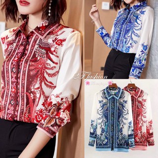 Zara Shirt เสื้อเชิ้ตแขนยาวคอปก ปริ้นลวดลายสวยงาม โทนสีสวยละมุน แขนยาวพองๆ