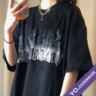 Yo.oversize 🌟20153 เสื้อยืดโอเวอร์ไซส์ oversize ลายตัวอักษรไฟ เท่ ๆ aesthetic