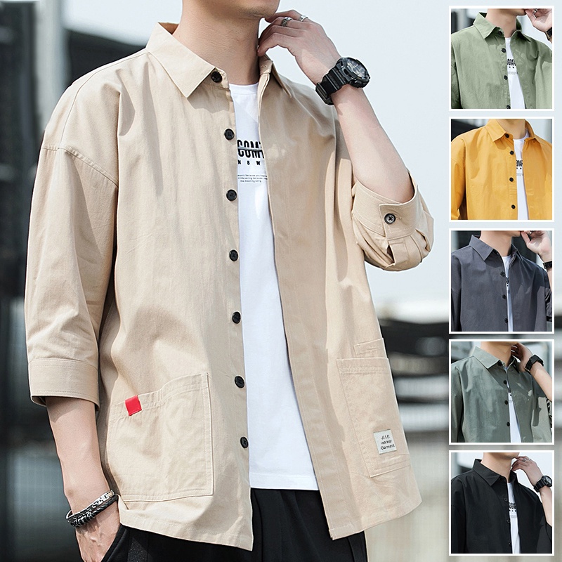 พร้อมส่ง แฟชั่นเสื้อเชิ้ตผู้ชายแขนสั้น 3/4 แขน หลวมและสบาย เสื้อโอเวอร์ไซส์เกาหลี ปลอกคอยืน เสื้อวินเทจผู้ชาย M-3XL