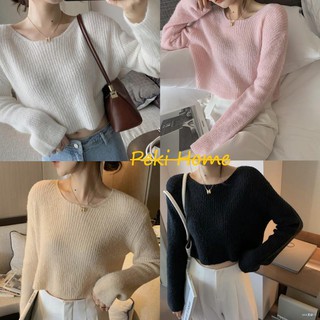 สเวตเตอร์ครอป รุ่น8A58 เสื้อไหมพรมแขนยาวตัวสั้น  เสื้อแฟชั่นกันหนาวผู้หญิง