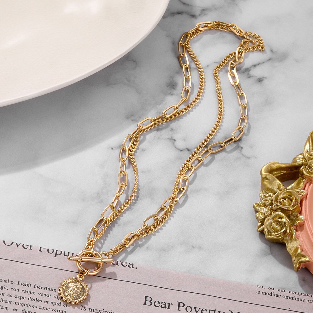 สร้อยคอโซ่โลหะ แบบหนา จี้เหรียญแกะสลัก สไตล์เกาหลี เรโทร แฟชั่นสําหรับผู้หญิง - รูปที่ 3
