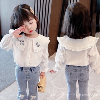 80-130cm เสื้อผ้าสาวๆ เสื้อเชิ้ตเด็กผู้หญิง สีขาวระบายอากาศ ฤดูร้อน 2022 เสื้อคอปกตุ๊กตาใหม่ เสื้อผ้าฝ้ายลายการ์ตูนสีทึบ