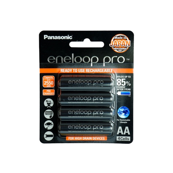 eneloop Pro 2550 mAh Rechargeable Battery AA x 4 - Black ถ่านชาร์จ เอเนลูป โปร AAx4 ก้อน รุ่น BK-3HCCE/4BT