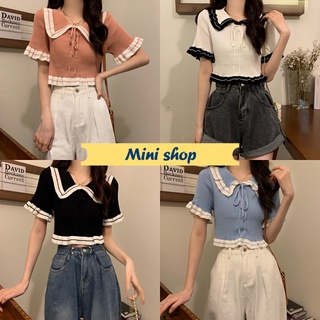 Mini shop🌸พร้อมส่ง🌸(6A46-1) เสื้อไหมพรม ผ้าร่องแขนระบาย สีน่ารักใส่สบายมาก