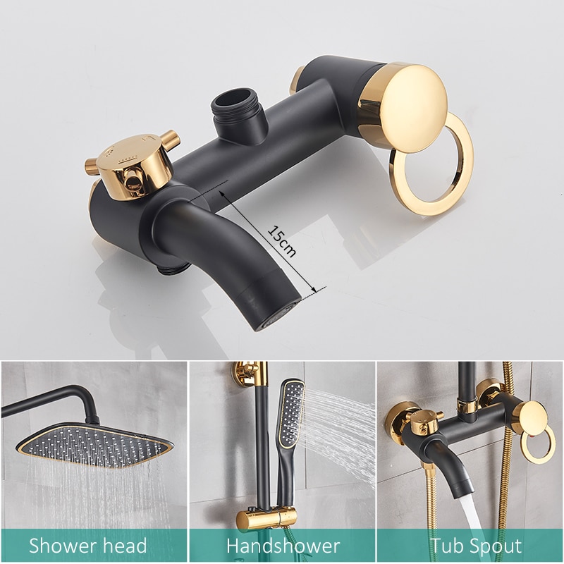 Quyanre Matte Black Gold Shower Faucet Set Bathroom Rainfall Shower