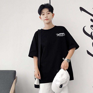 VM SHOP เสื้อยืดคอกลมแขนสั้น oversize ผู้ชาย Men Short Sleeve T-Shirt(สีดำ)รุ่น 0047