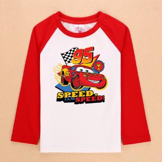 จัดส่งฟรีรถยนต์ Lightning McQueen รถ King McQueen เด็กชายแขนยาวเสื้อยืดเด็กฤดูใบไม้ร่วงท็อปส์รถรูปแบบเสื้อผ้า
