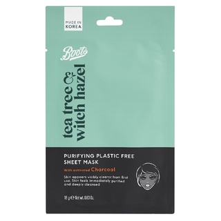 Boots Tea Tree &amp; Witch Hazel Purifying Plastic Free Sheet Mask With Activated Charcoal 18G บู๊ทส์ ที ทรี แอนด์ วิช ฮาเซล เพียวริฟายอิ้ง พลาสติก ฟรี ชีท มาสก์ วิธ แอคทิเวเทท ชาร์โคล 18กรัม