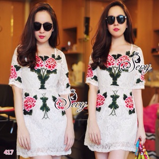 🎉Sevy Embroidered Rose Garden Die-Cut Collar Lace Mini Dress  Fabric: France Lace (เนื้อผ้าลูกไม้ฝร