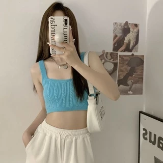 Cicishop(44125) เสื้อครอปTOPไหมพรมสายเดี่ยวทอลาย สีสันสดใสแมทกับกางเกง กระโปรงได้สุด น่ารักเป็นsocuteมากๆ