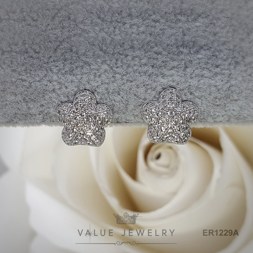 ต่างหูห่วง ฝังคริสตัลละเอียด ลาย ดอกไม้ Flower ตุ้มหู เครื่องประดับแฟชั่น ER1229 Value Jewelry