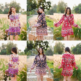 MASS Fashion : เดรสสั้นแขนยาว สไตล์โบฮีเมียน Dress - Boho Messy Print