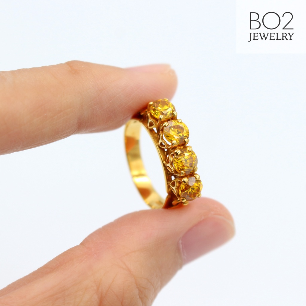 แหวนทองแท้ หลุดจำนำ size 55 แหวนพลอยแถว สีเหลือง ทรงแหวนแถวเกาะหนามเตยกระเปาะฉลุหัวใจ ทองคำแท้ 18k