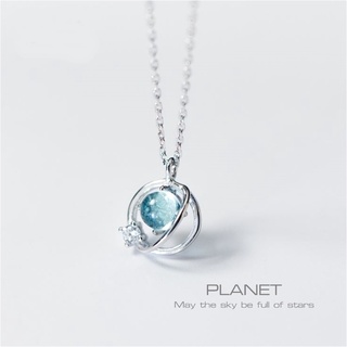 s925 Planet necklace สร้อยคอเงินแท้ สไตล์แฟนตาซี ประดับ Cubic Zirconia (CZ)และคริสตัลสีฟ้าอ่อน ใส่สบาย เป็นมิตรกับผิว