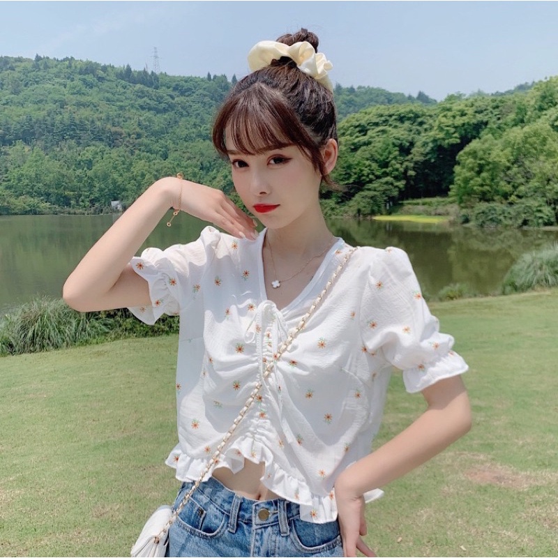 💎LDshop. เสื้อคอวี แขนตุ๊กตา แต่งระบาย