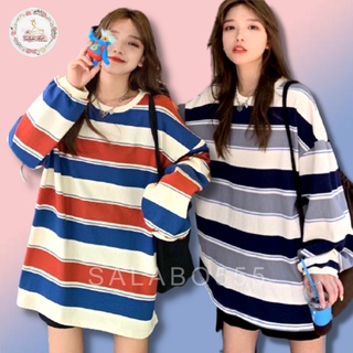 SALABO(พร้อมส่ง)เสื้อแขนยาวผ้า COTTON คอกลม Oversize ลายทาง กันหนาว ผ้าหนา #392