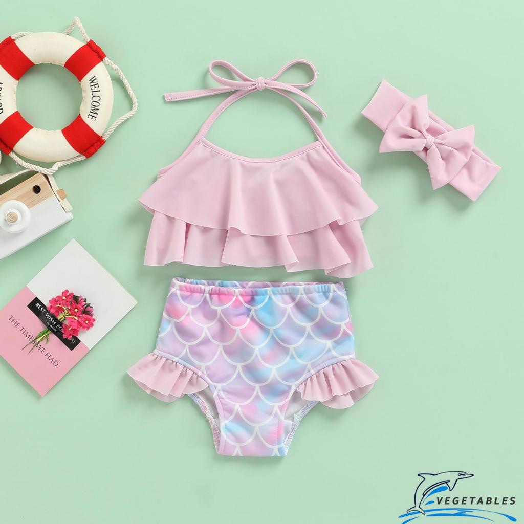 ZHY-Toddler Girls 3Pcs Bikini Set, Solid Color Ruffle Halter Tops + Mermaid Bottom + Headband Set