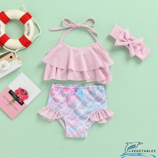 ZHY-Toddler Girls 3Pcs Bikini Set, Solid Color Ruffle Halter Tops + Mermaid Bottom + Headband Set