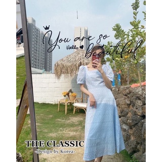 พร้อมส่ง 🌤️2 color 🌥️เดรสยาวฉลุลาย คอเหลี่ยม แขนตุ๊กตา 🌥️classic