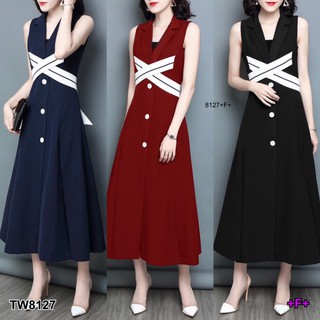 👗Pfashion [ส่งไว!!🚛] P8127 เดรสยาวแขนกุด ติดกระดุมหน้าเย็บแต่งสายกากบาท  sleeveless long dress Buttoned front,