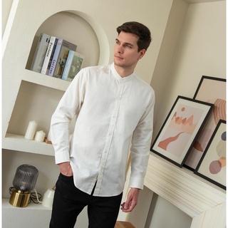 Backtobazix – Men’s Shirt เสื้อเชิ้ตคอจีนผ้าคัตตอนลินินทรงเข้ารูป (Cotton Linen)