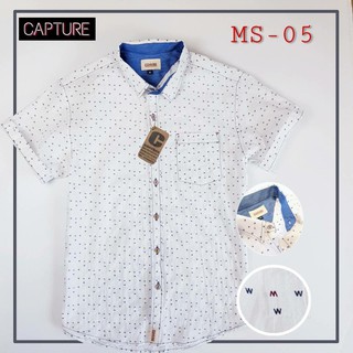 เสื้อเชิ้ตแขนสั้น คอปก ผ้า Cotton100% ลายอักษร M สีขาว มีถึงไซส์ 4XL