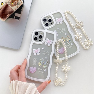 Oppo Reno 8 7 5 Pro 6 4 3 5G R17 R15 เคสโทรศัพท์ เลเซอร์ โบ โบว์ มุก สายคล้อง ใส สีขาว เรียบง่าย เคสนิ่ม