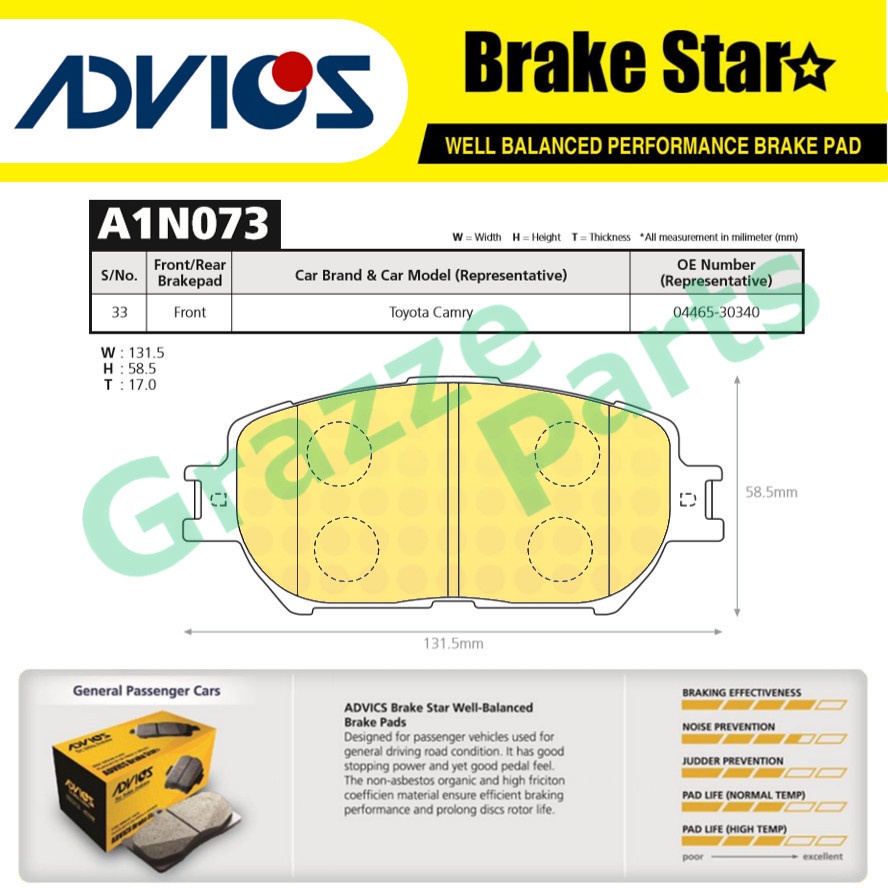 Advics Aisin เบรค Star Disc เบรค Pad ด้านหน้า A1N073TE สําหรับ Toyota Camry ACV30 ACV31 2.0 2.4 Wish