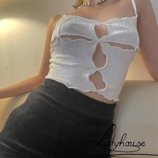 LD-Women’s Fashion Solid Color Camisole Sexy V-neck Hollow Exposed Navel Suspender Tops