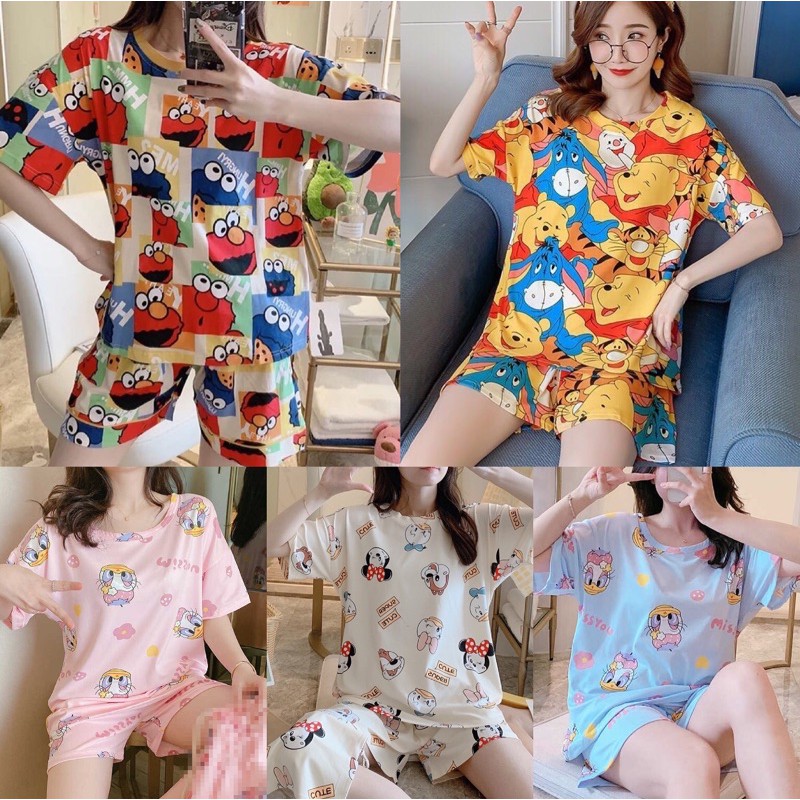 พร้อมส่ง🌟ชุดนอนการ์ตูนชุดแขนสั้นกางเกงขาสั้นผ้าฝ้ายระบายอากาศสบาย รูปที่ 4