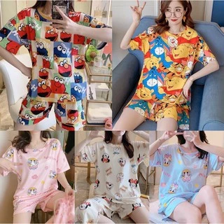 พร้อมส่ง🌟ชุดนอนการ์ตูนชุดแขนสั้นกางเกงขาสั้นผ้าฝ้ายระบายอากาศสบาย