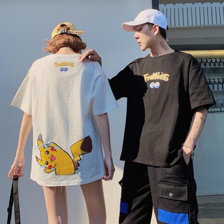 ผู้ชายฤดูร้อนอะนิเมะ Pikachu พิมพ์เสื้อยืดเกาหลีหลวมแขนสั้นสบาย ๆ นักเรียนคู่แขนสั้น